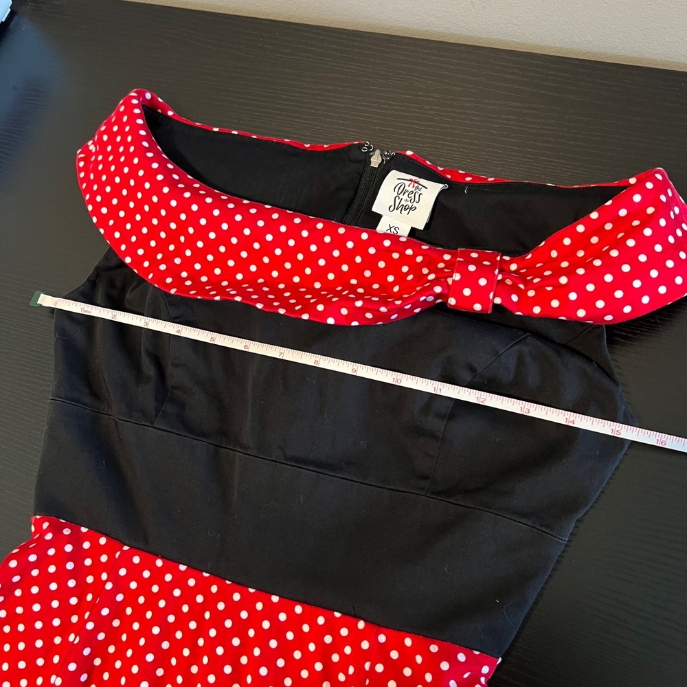 Disney Parks The Dress Shop Minnie Mouse Polka Dot Dress Red Black XS Retro Bow - Picture 12 of 13
